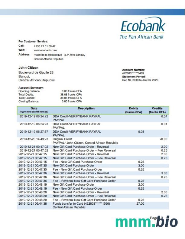 Szablon wyciągu bankowego Ecobank Republiki Środkowoafrykańskiej w programie Word i PDF